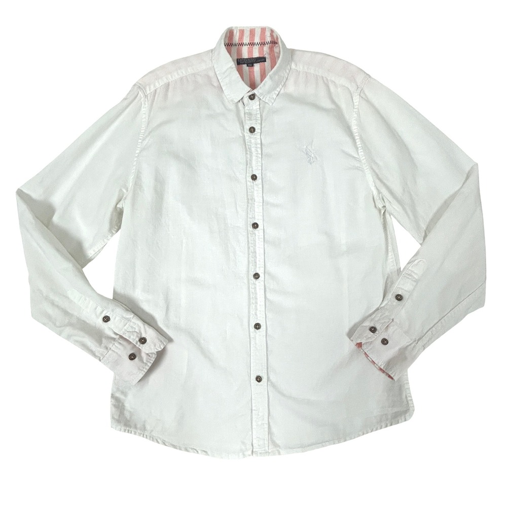 Polo Ralph Lauren Shirt Men XXL (Fits M/L) 100% Linen White Button‎ Down Preppy